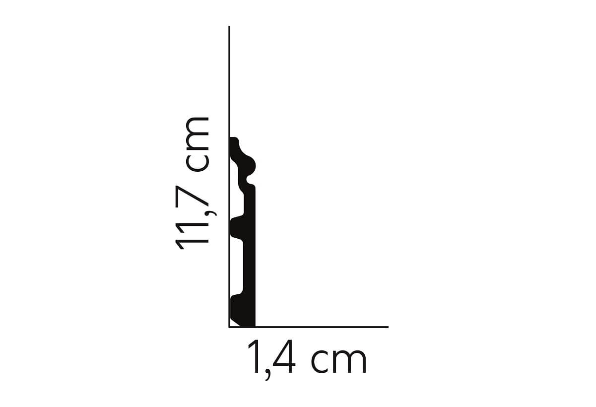 Graphic of MD358P - Skirting Board's 11.7cm height and 1.4cm depth