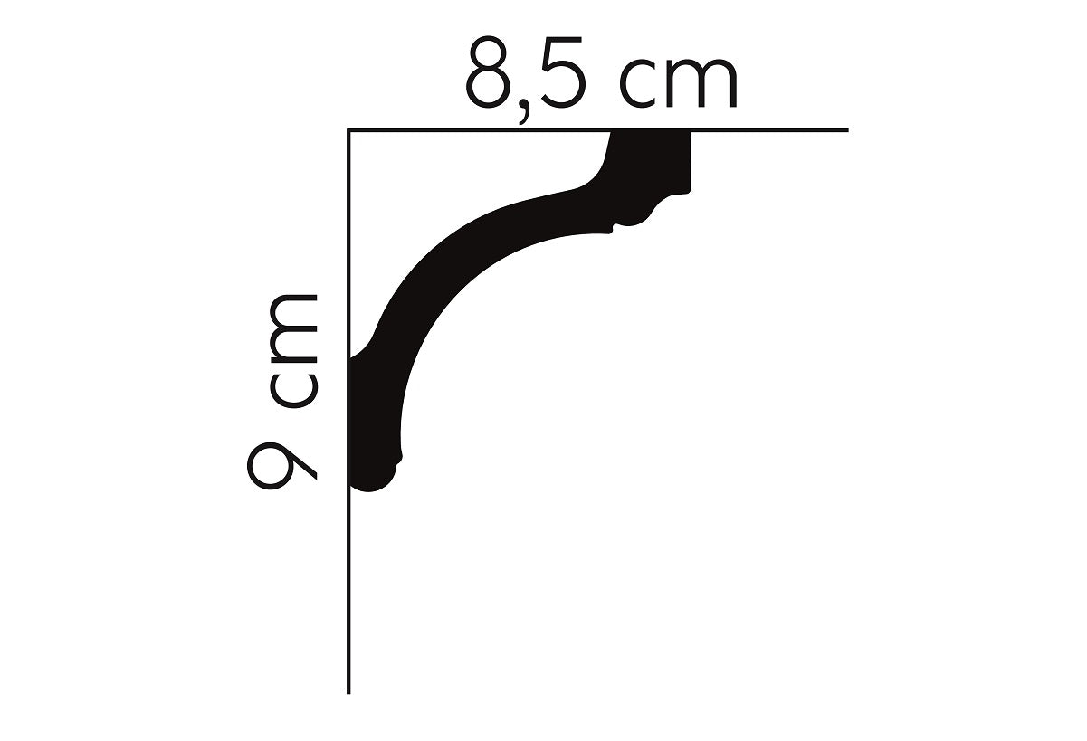 Graphic showing MD161 Coving - Lightweight Coving's 9cm height and 8.5cm depth