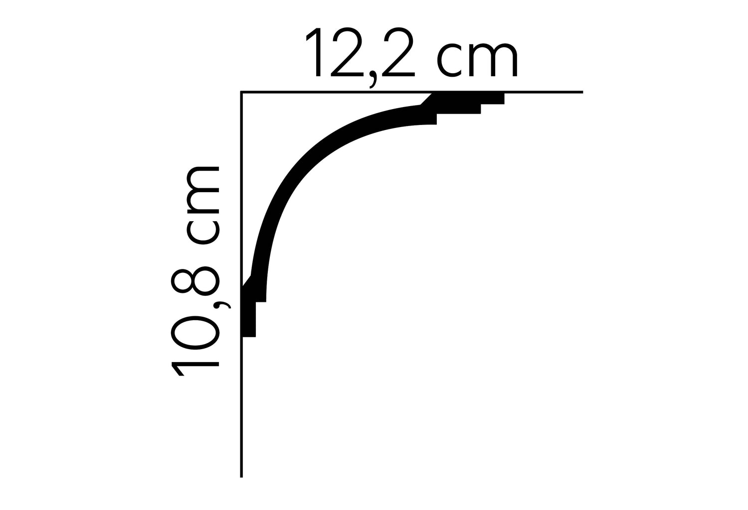 Graphic showing MD105 Coving - Lightweight Coving's 10.8cm height and 12.2cm depth