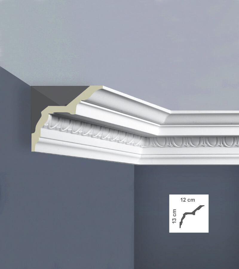 Graphic showing Egg & Dart - Classic Coving's 13cm depth and 12cm height