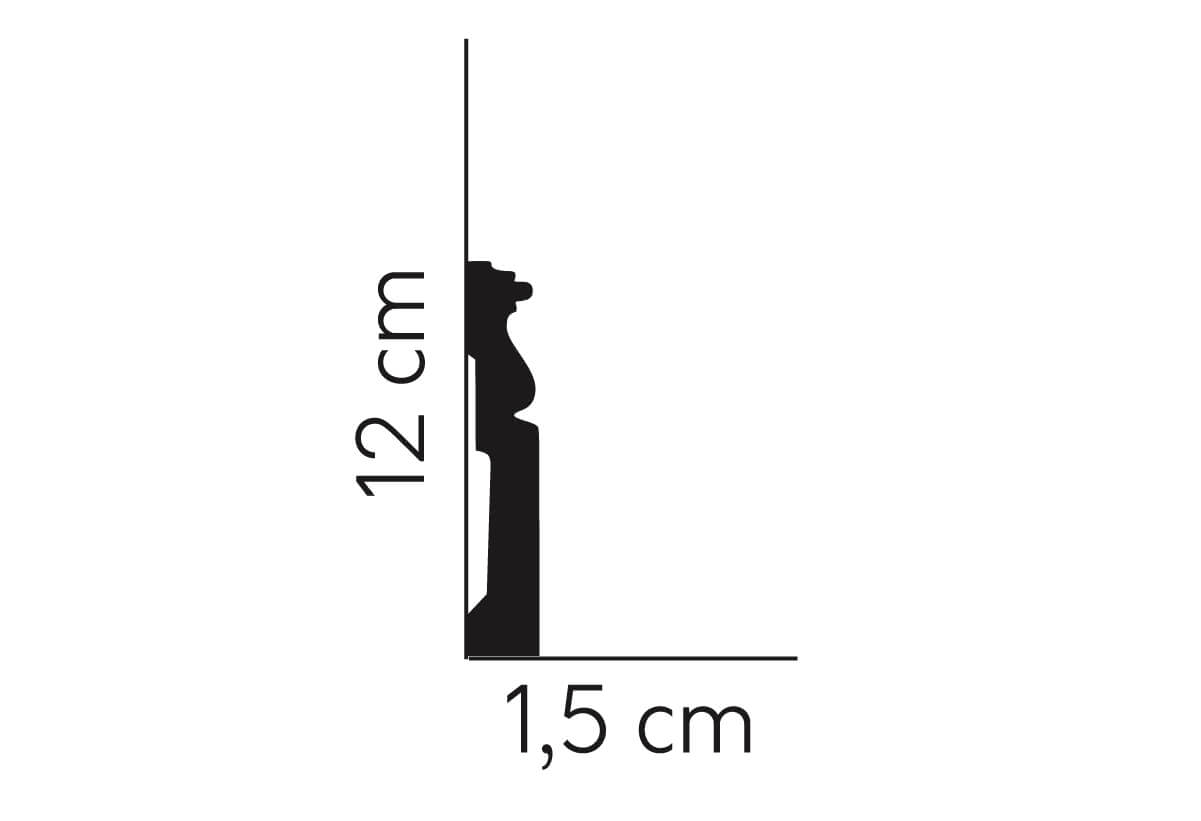 Graphic of MD095P - Skirting Board's 12cm height and 1.5cm depth