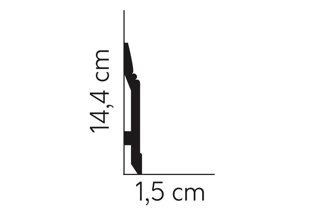 Graphic of MD361P - Skirting Board's 14.4cm height and 1.5cm depth